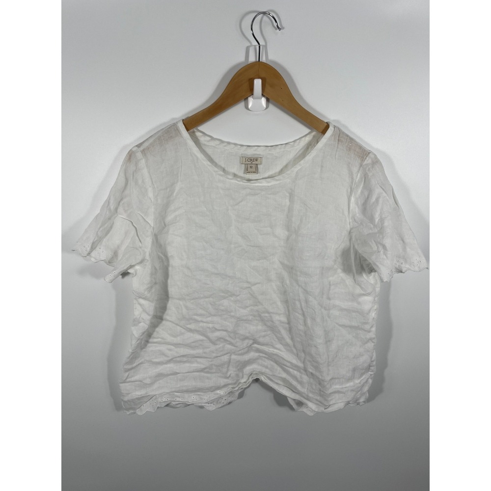 J Crew Womens 100% Linen Top 12 White Boho Beach Euro Summer Chic Lightweight